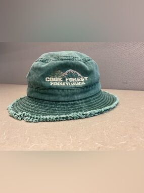 Cook Forest Pennsylvania Embroidered Green Frayed Bucket Hat—Large